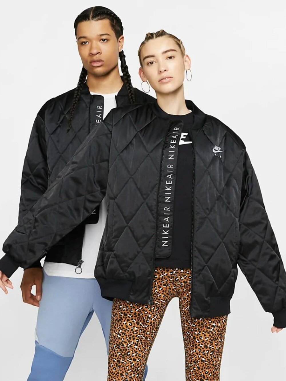 Nike Air Black Satin Oversized Quilted Bomber Jacket